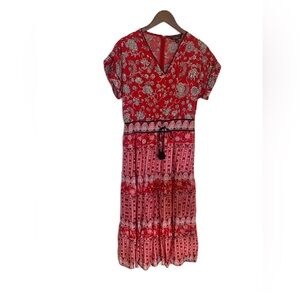 Lauren Ralph Lauren Maxi Dress 10 Red Floral Paisley 100% Cotton Boho Tassels